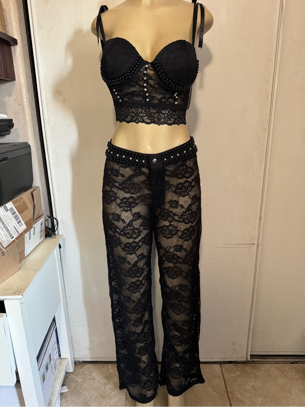 Black Lace Bralette & Sheer Lace Wide-Leg Pant Set